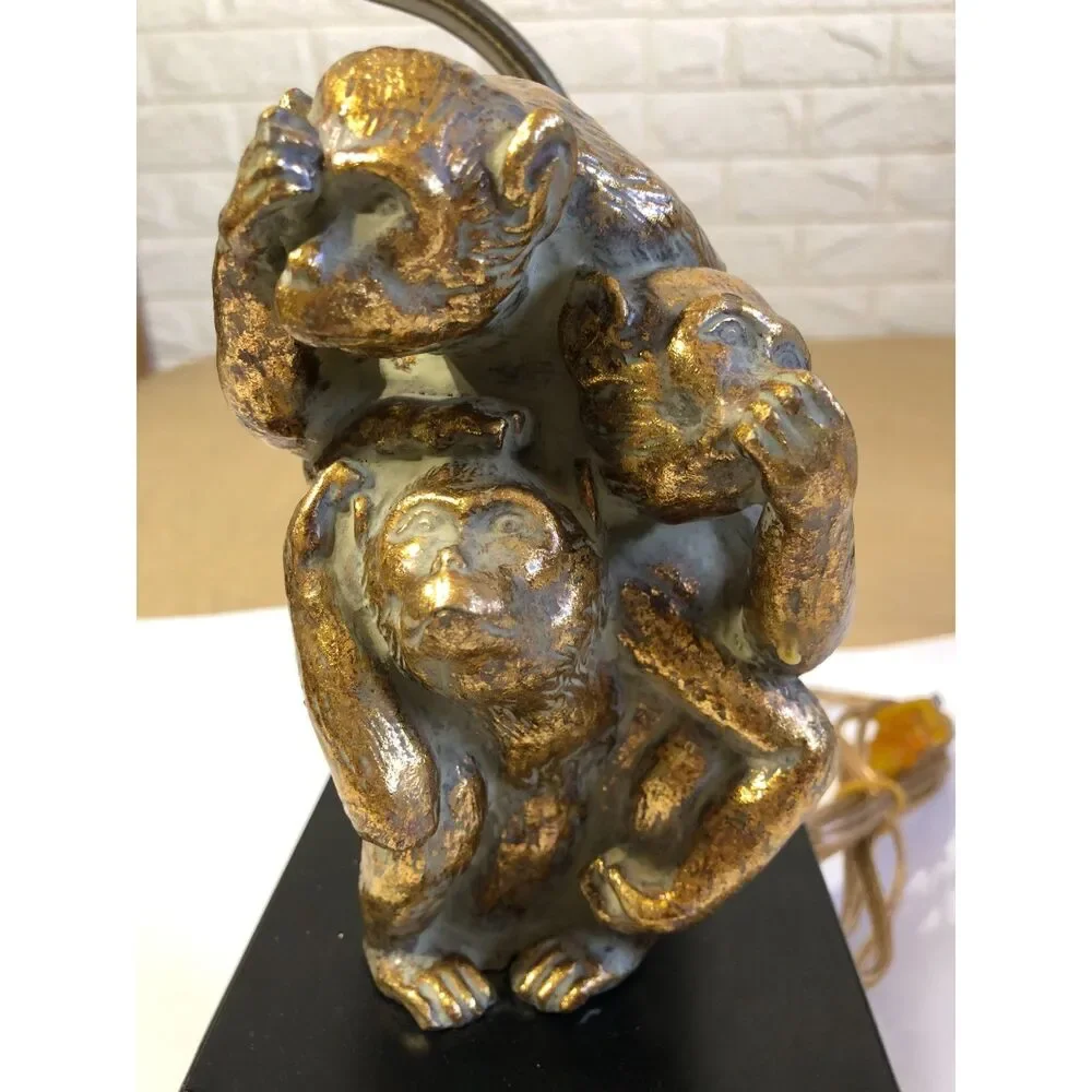 Vintage Bombay Co Three Wise Monkeys Brass Table Lamp See Hear Speak No Evil